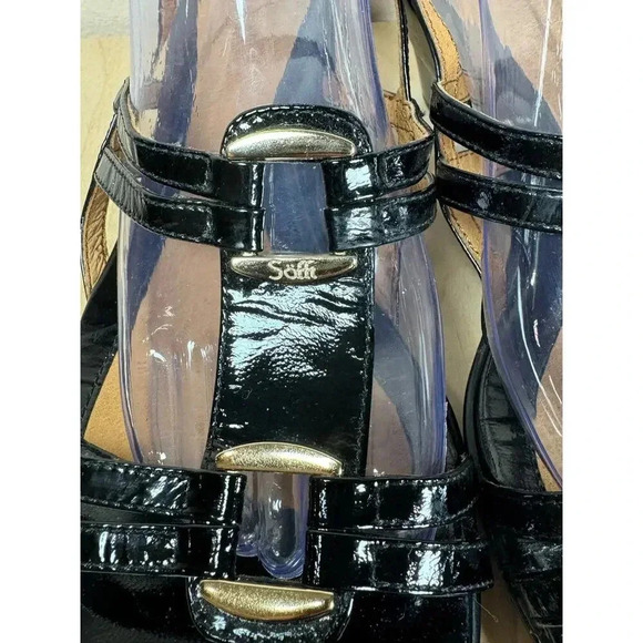 Sofft Patent Leather Black strap Sandals Gold Hardware Wedge 11N - Picture 3 of 10